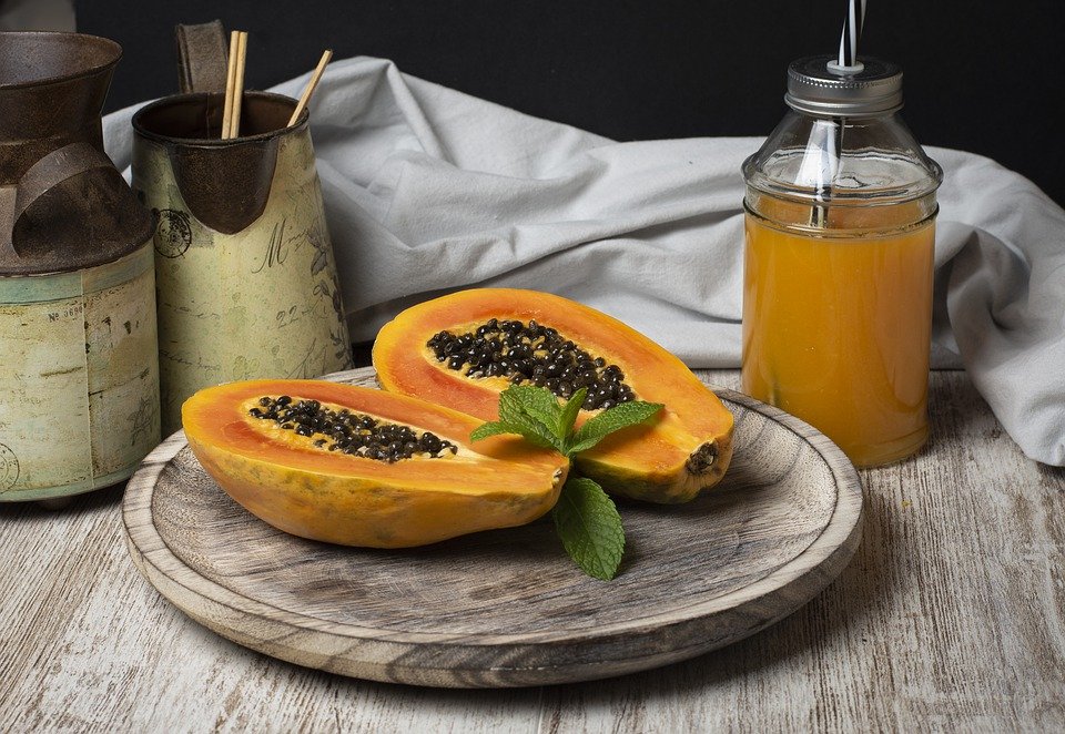 Papaya Fruit, Fruit Juice, Wooden Table, Brown Fruits